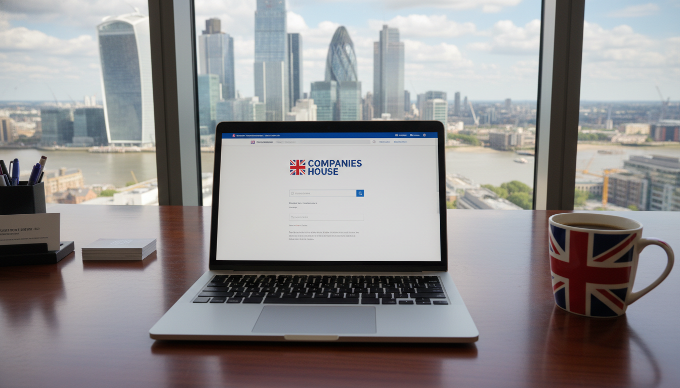 A detailed, photorealistic image of a professional desk with a laptop displaying the Companies House registration page, a Union Jack flag mug, and a view of Londons Canary Wharf business district in the background.
