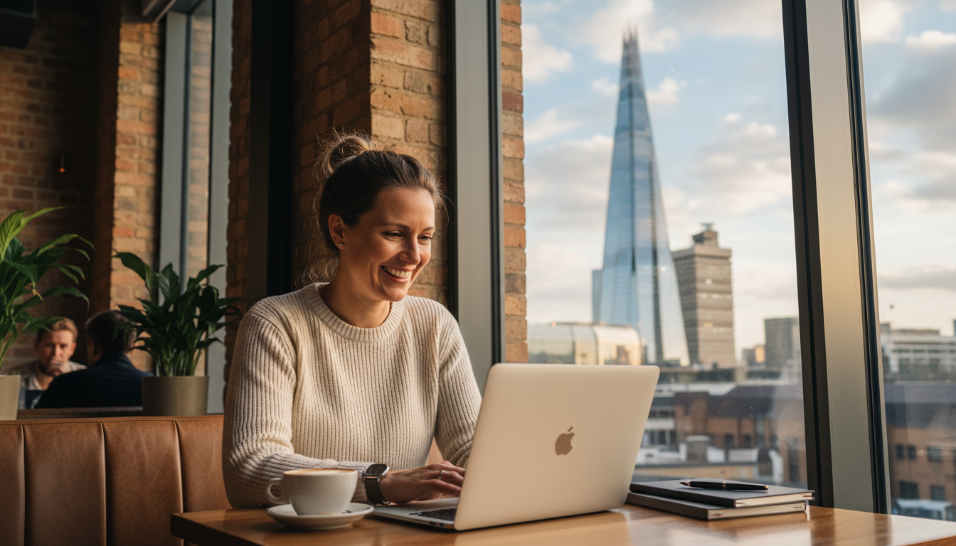 A professional expat entrepreneur smiling and working on a laptop in a modern London cafe with the Shard visible through the window, high resolution, photorealistic, natural lighting