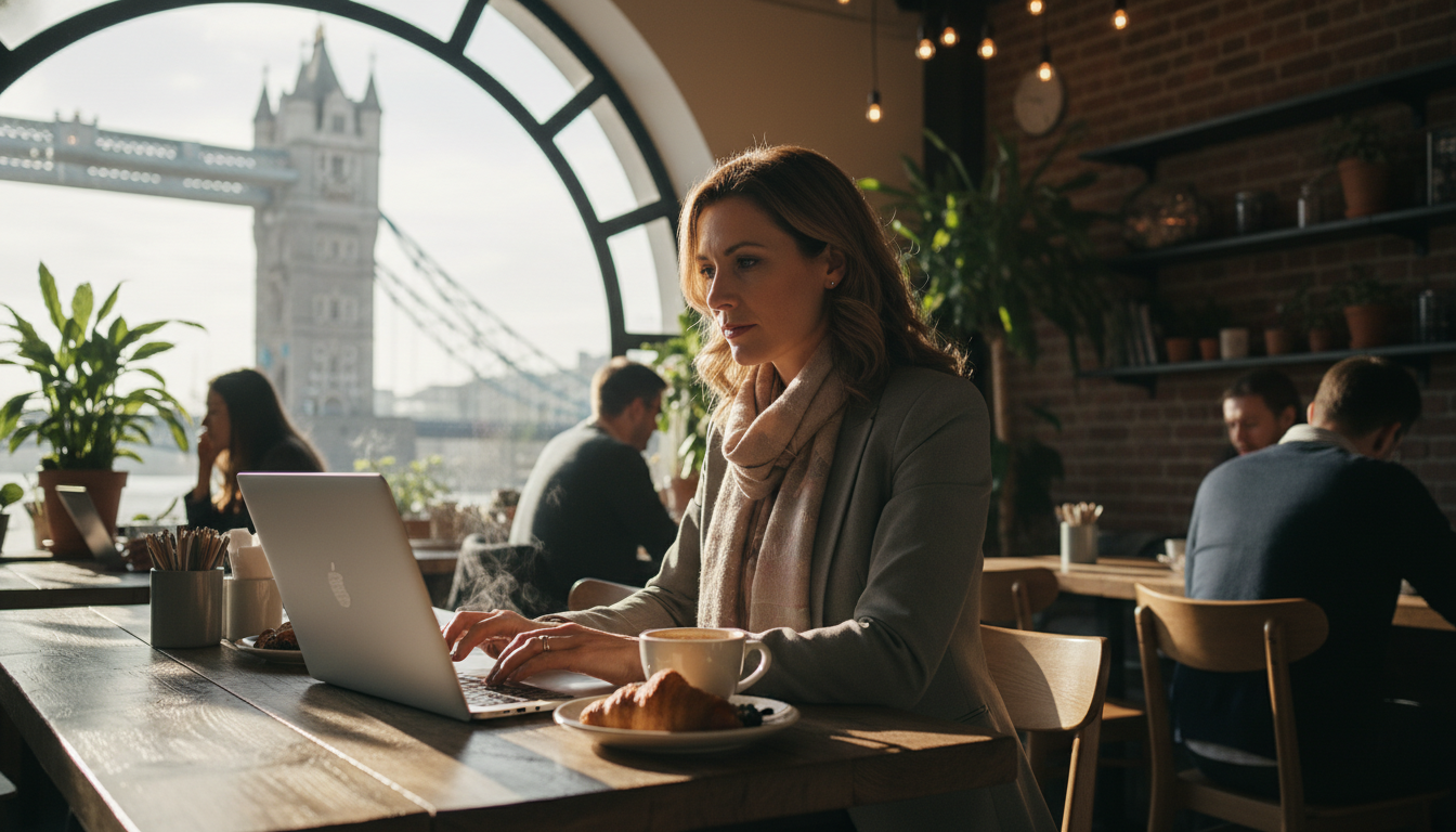 A high-quality, photorealistic shot of a professional entrepreneur using a laptop in a trendy London coffee shop with a view of the Tower Bridge through the window, warm morning light, cinematic atmosphere.