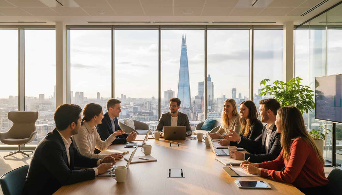 A photorealistic wide-angle shot of a vibrant, modern office space in central London with the iconic Shard building visible through large floor-to-ceiling windows. Diverse young professionals are collaborating around a sleek wooden table with laptops, coffee mugs, and notebooks under warm, natural lighting.