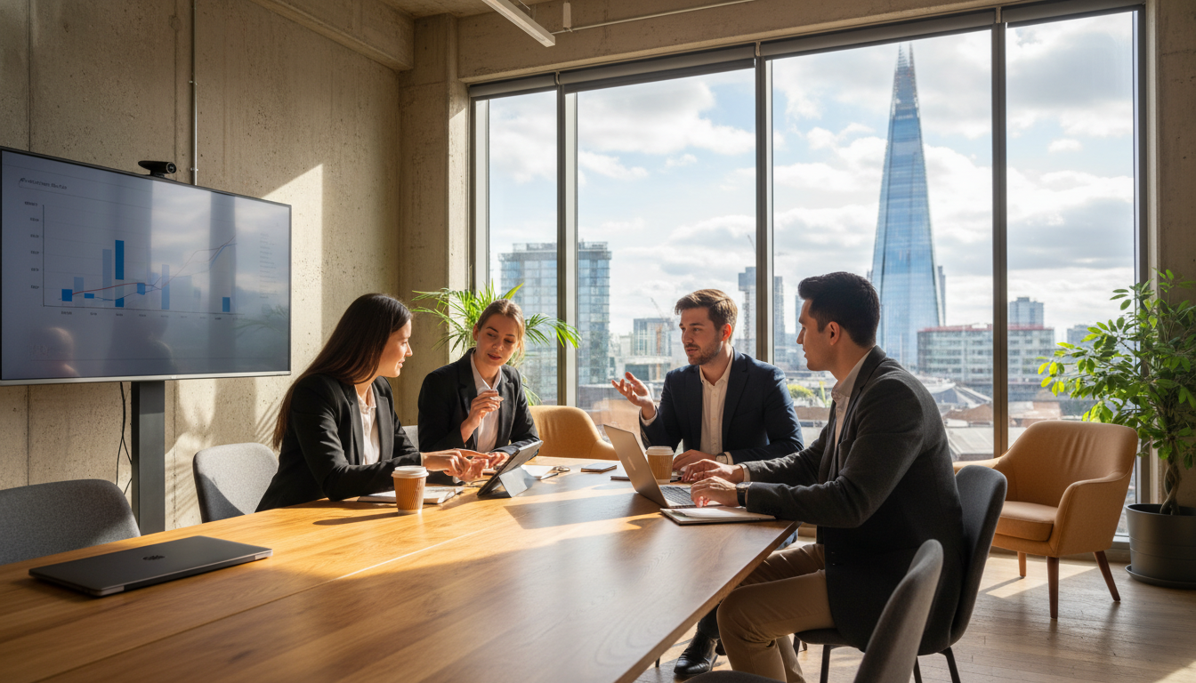 A high-quality, photorealistic shot of a diverse group of young entrepreneurs collaborating in a modern, sunlit London co-working space with a view of the Shard in the background, professional yet relaxed atmosphere.