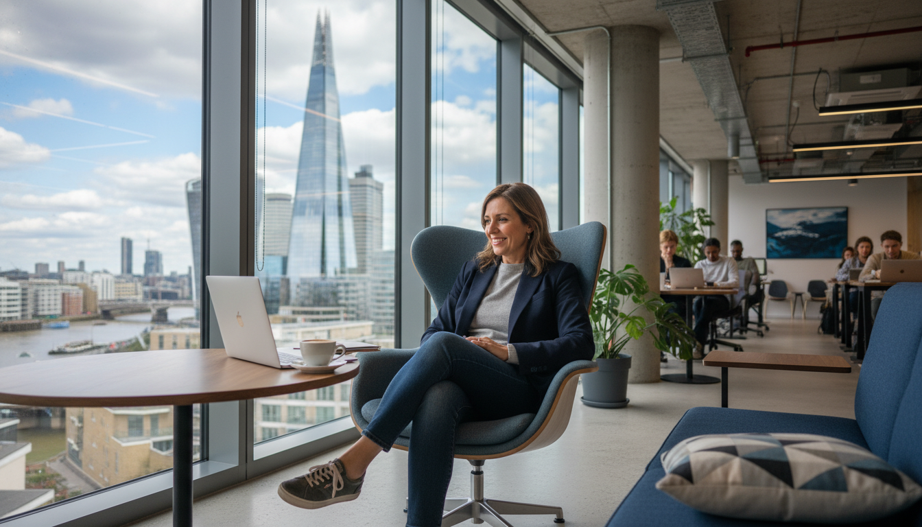 A professional yet relaxed expat entrepreneur sitting in a bright, modern London co-working space, working on a laptop with a view of the Shard in the background, high quality, photorealistic