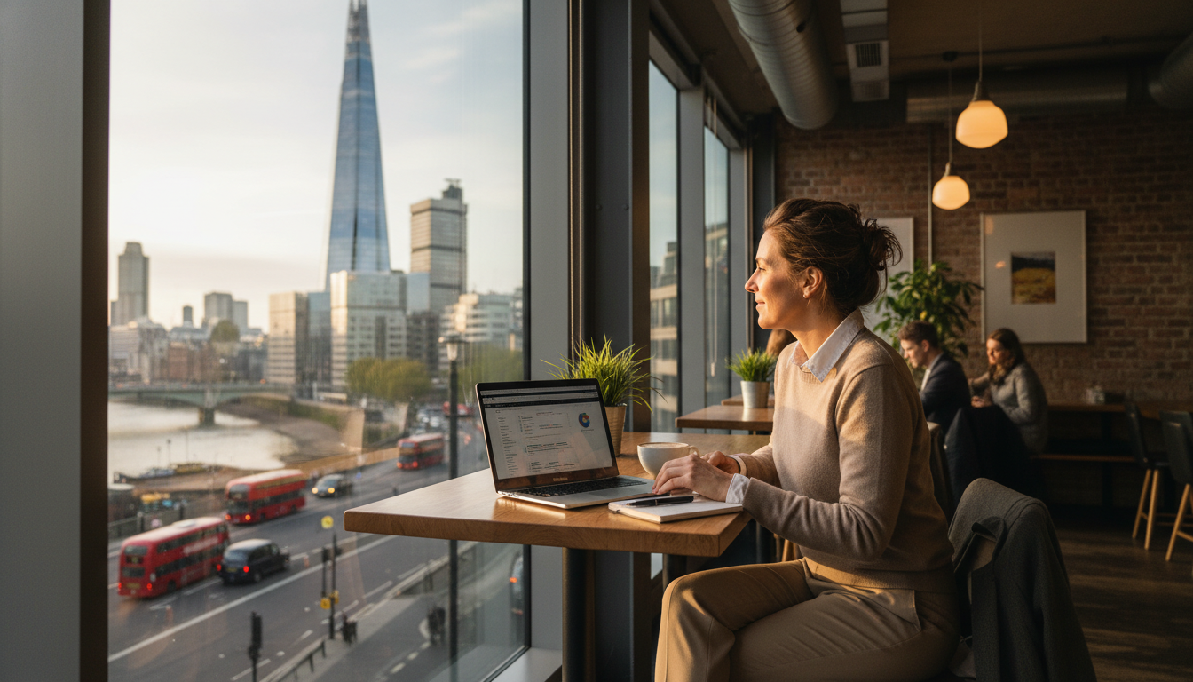 A professional yet relaxed foreign entrepreneur sitting in a modern London cafe with a laptop, looking at the iconic Shard building through the window, high resolution, photorealistic, cinematic lighting