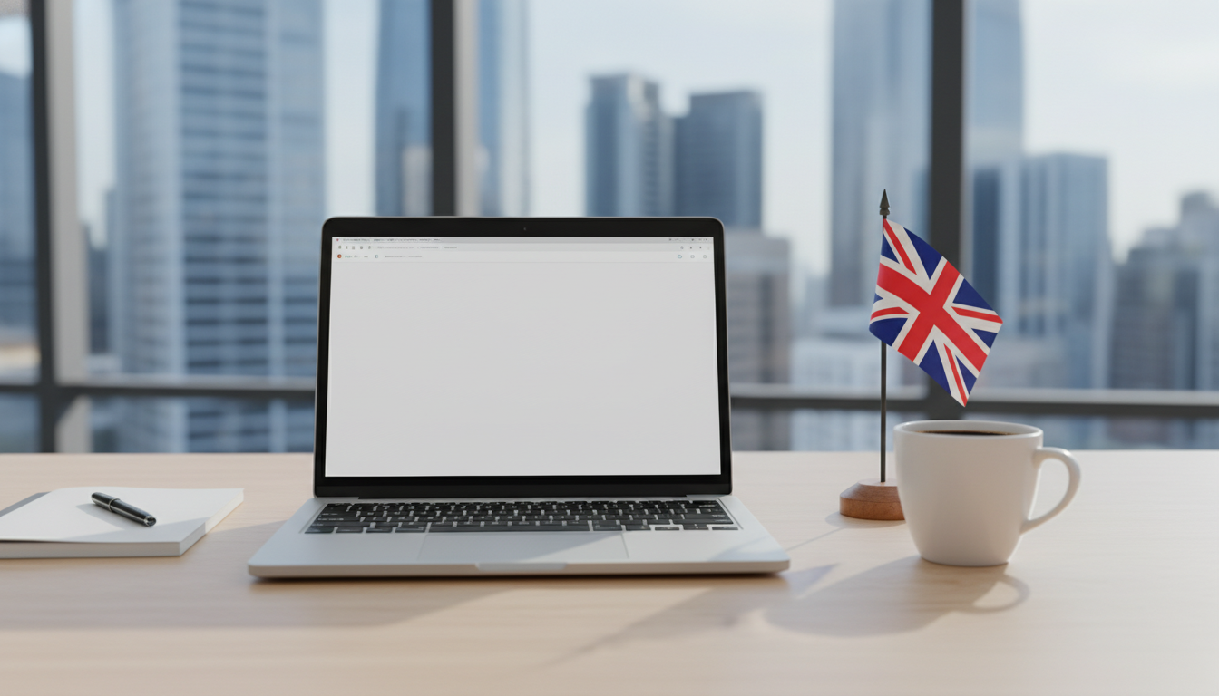 A professional and clean workspace with a laptop, a cup of coffee, and a small British flag on the desk, with a soft-focus background of a modern city office, captured in a bright, photorealistic style.