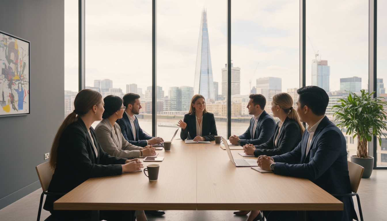 A photorealistic image of a diverse group of young professional entrepreneurs having a casual business meeting in a modern glass-walled office in central London, with the Shard and city skyline visible through the window in soft natural daylight.