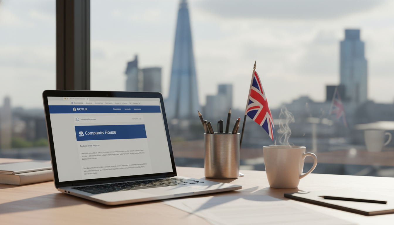 A high-quality, photorealistic image of a modern home office desk with a laptop showing the UK Companies House website, a cup of tea, and a small British flag in a pen holder, soft natural sunlight coming through a window with a blurred London skyline in the background.