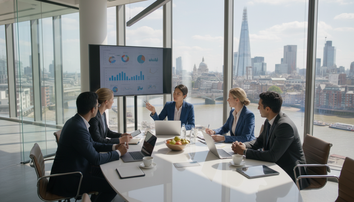A photorealistic image of a diverse group of professional expats having a business meeting in a bright, modern London office with large windows overlooking the city skyline and the River Thames.